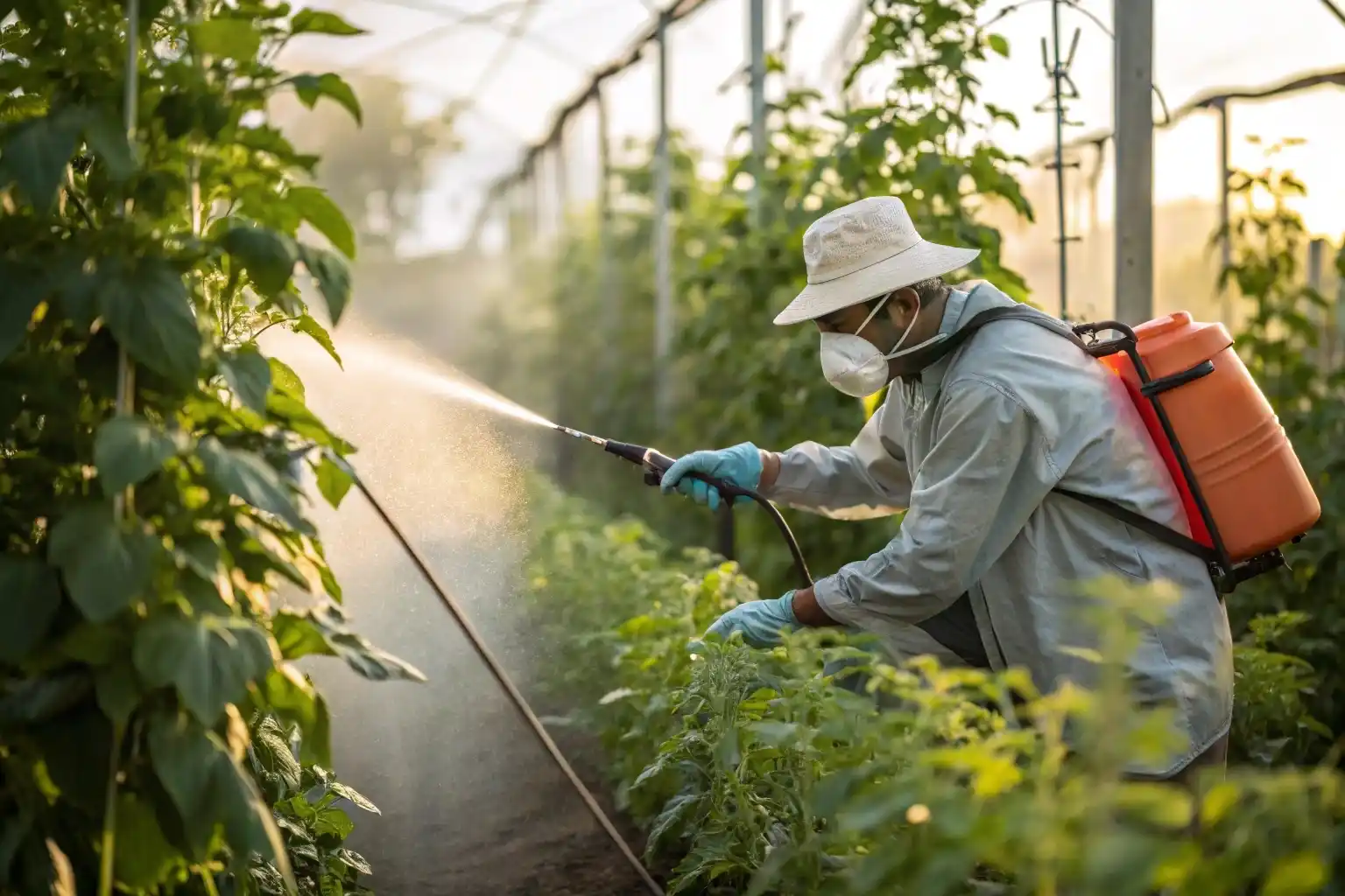 Обприскування рослин інсектицидом у теплиці, фермер у захисній масці використовує садовий розпилювач для захисту овочів