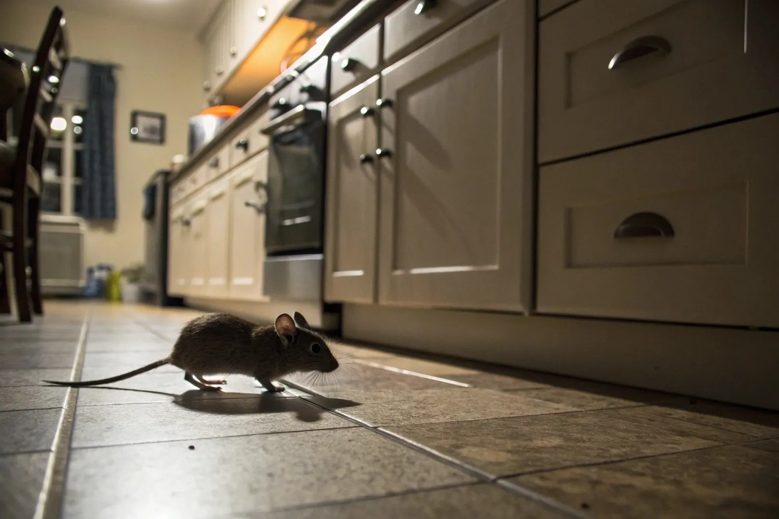 Миша, що пробирається кухонною підлогою в нічний час. Видно її тінь на плитці, а на задньому тлі - кухня з білими шафами