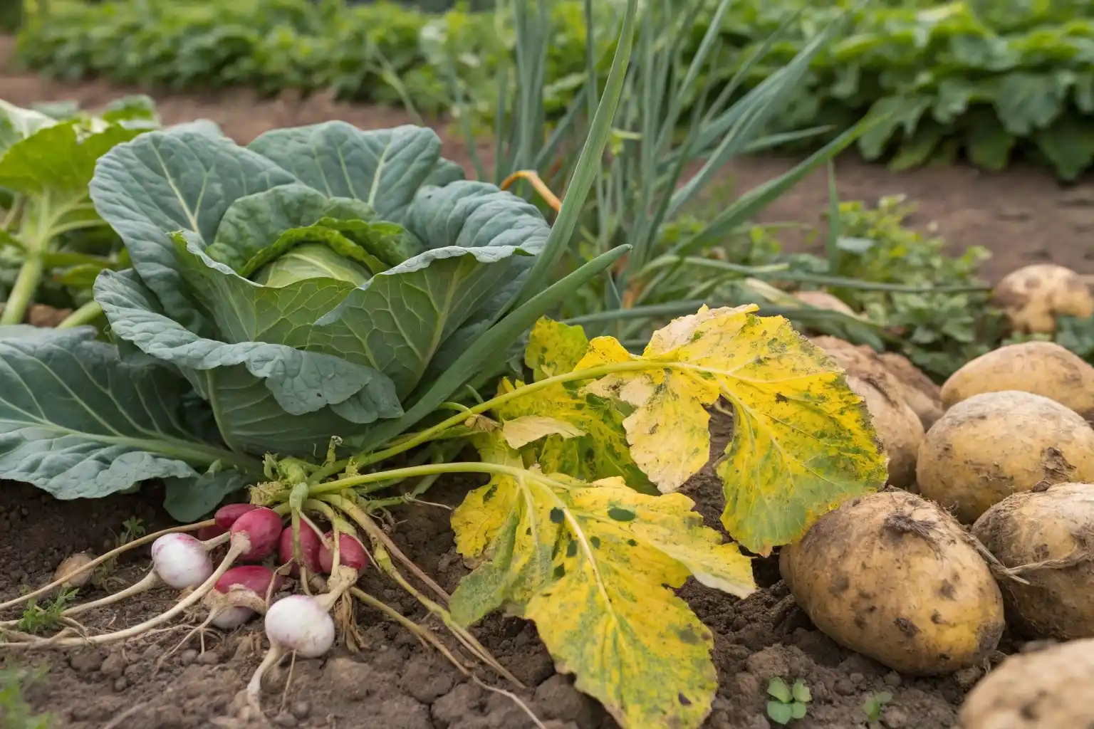 ділянка з капустою, редискою, картоплею з жовтим листям. Жовтизна листя може бути ознакою дефіциту сірки у рослин