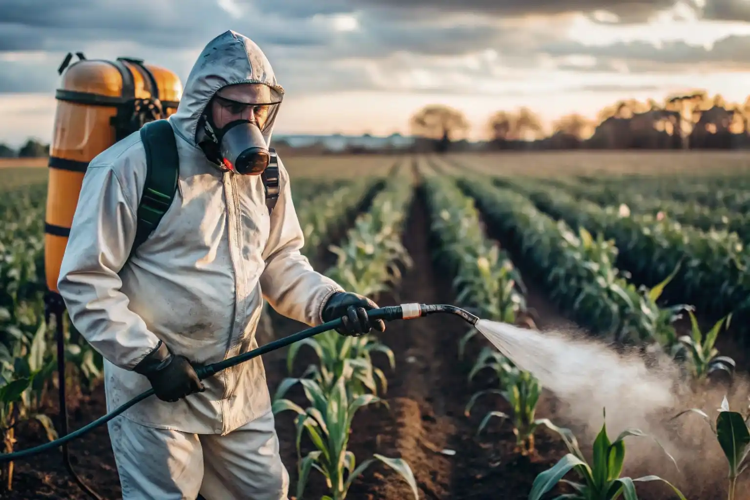 Працівник у захисному костюмі обробляє поле гербіцидом для боротьби з бур&rsquo;янами