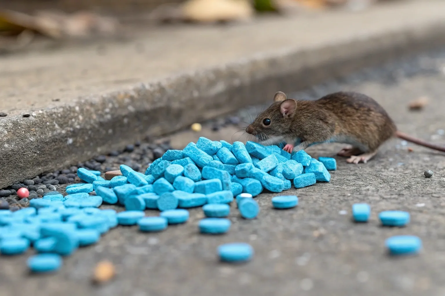 Крупний план миші, яка досліджує купу синіх отруєних брикетів для гризунів на бетонній поверхні